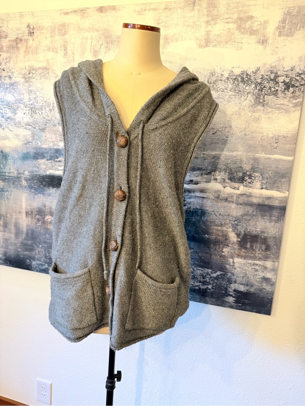 Banana Republic Knit Hooded Cardigan Vest Lambs Wool Cashmere Heather Gray XL /E